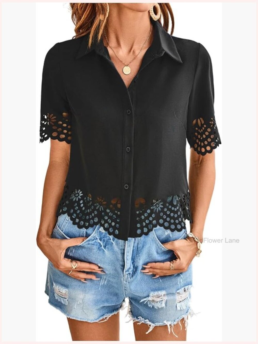 Short Sleeve Scallop Hollow Button Down Blouse Top